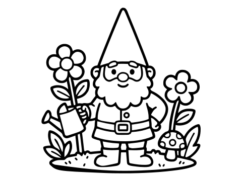 Black and white garden gnome coloring page to print