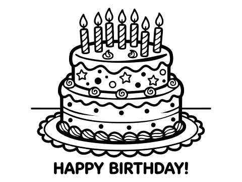 Black and white birthday cake coloring page to print