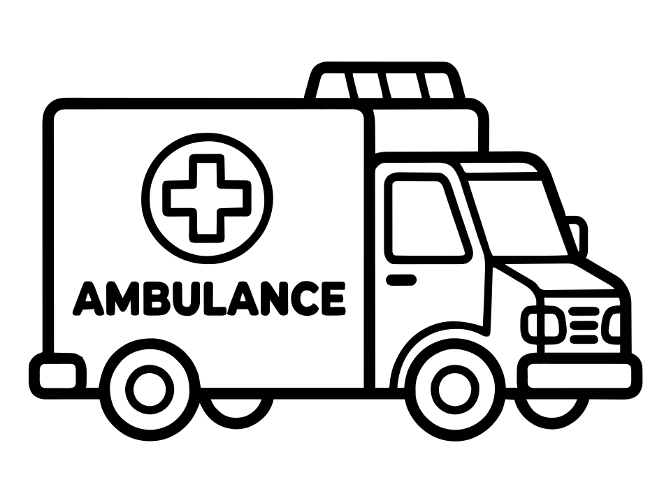 Black and white ambulance coloring page to print