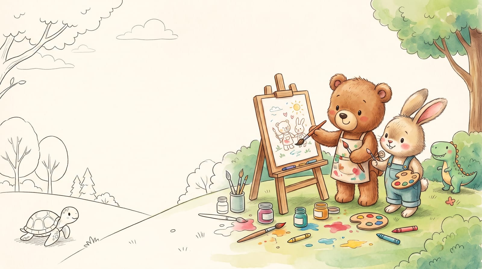 A cartoon rabbit and a bear painting a rainbow on an easel