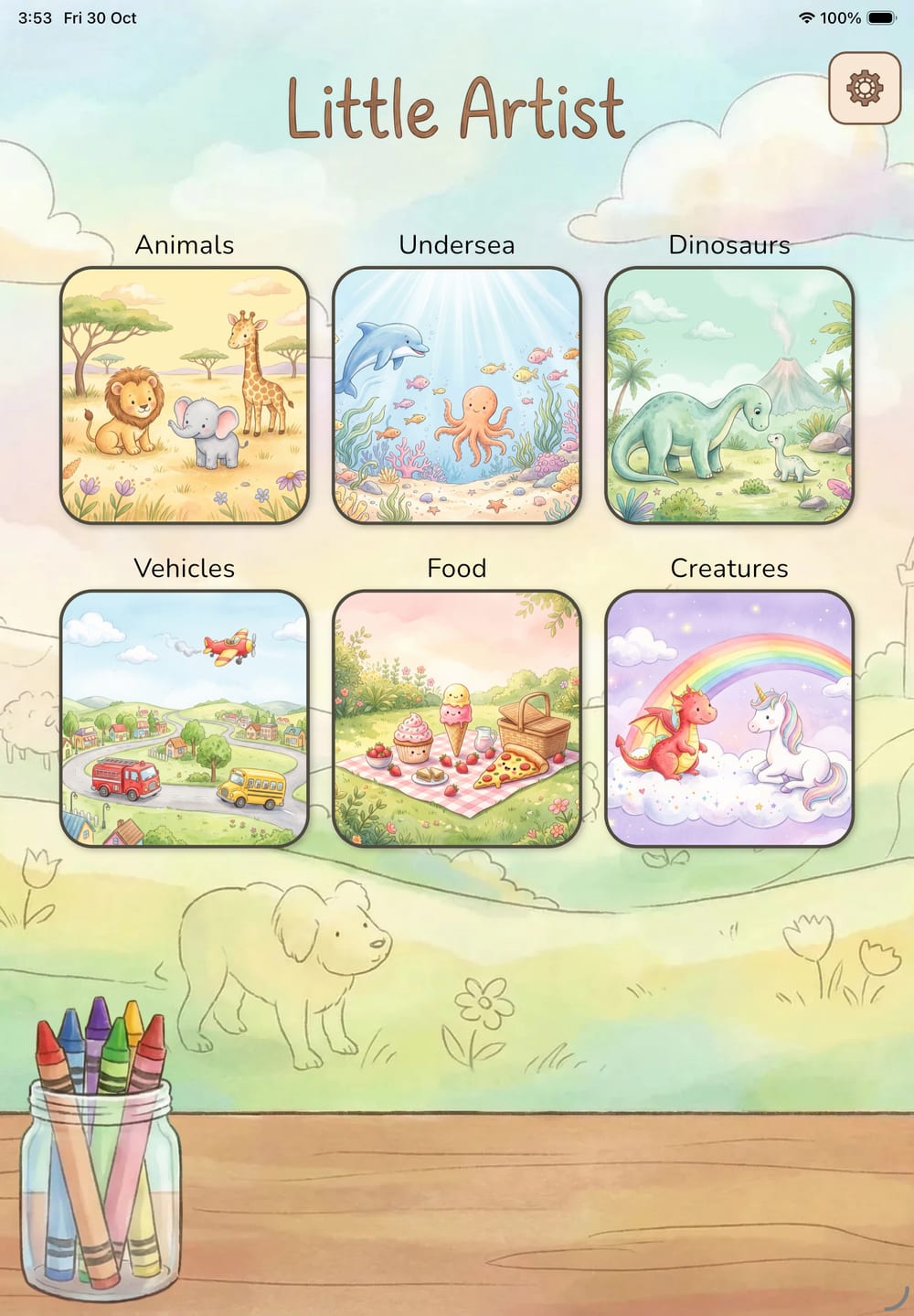 The Little Artist home screen on an iPad, with six colorful worlds to pick from